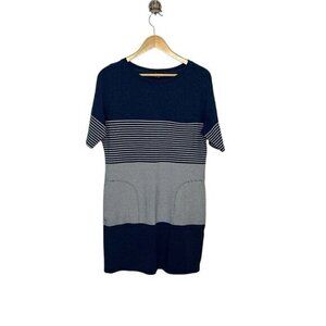 Theory Womens Large Pelloa Engineered Tee T-Shirt Dress Pockets Stripes Navy